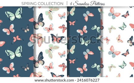 Butterfly seamless patterns. Set of spring background with butterflies. Animal background