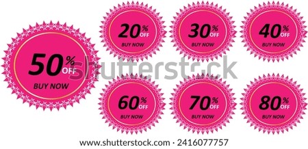 Different type of Percent discount sticker discount price tag set.round shape promote TAG buy now with sell off up to 20, 30, 40, 50, 60, 70, 80 percentage vector illustration for business and brand.