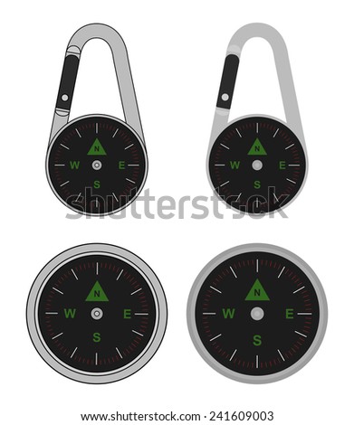 Compact portable pocket travel steel compass on carabiner. Vector clip art illustration isolated on white