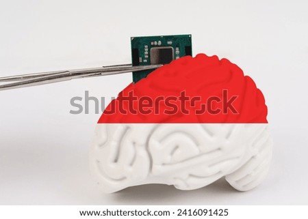 On a white background, a model of the brain with a picture of a flag - Indonesia, a microcircuit, a processor, is implanted into it. Close-up