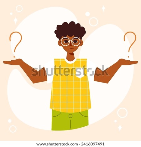 Confused young African American guy thinking surrounded by question marks. Vector character in flat cartoon style. Concept of doubting, solving problem and making choice