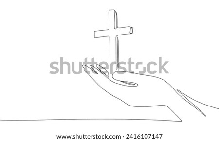 One line continuous cross in hand. Line art Christian cross in hands isolated on white background. Hand drawn vector art.