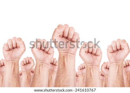United people, labor movement, workers union strike concept with male fists raised in the air fighting for their rights. Isolated on white background. Royalty-Free Stock Photo #241610767