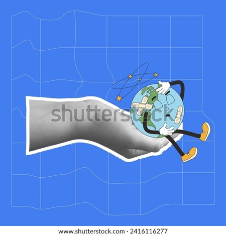 Earth hurt retro mascot in collage hand. Sick planet cartoon character template for holiday banner. Climate change and ecological problems. Vector illustration.