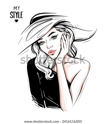 Beautiful fashion woman in hat. Fashion woman look. Stylish girl. Vector illustration 