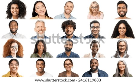 A series of smiling individual portraits, arranged in a clean grid, highlights the diverse and joyful human spirit, symbolizing interconnectedness and the positive aspects of a globalized world. Royalty-Free Stock Photo #2416119883