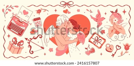 Large collection of vintage Valentine's Day clip art. Retro vector isolated stickers: tender angels - lovers, funny cupid, heart, typewriter, love letter, bows and flowers. Old romantic aesthetic