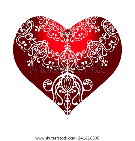 Red heart shape with white lace ornament on white background. Valentine card.