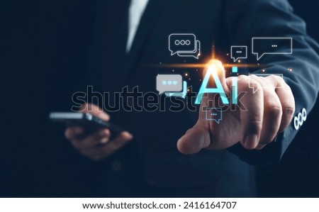 Ai technology, businessman show virtual graphic Global Internet connect Chat with AI, Artificial Intelligence. AI, using command prompt for generates something, Futuristic technology transformation.