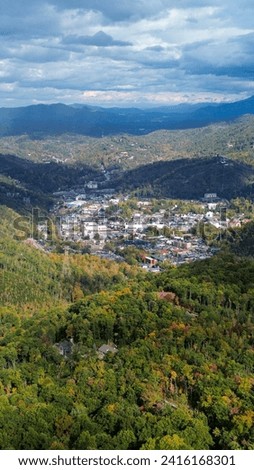 Aerial view of downtown Gatlinburg, Tennessee in the Great Smoky Mountains