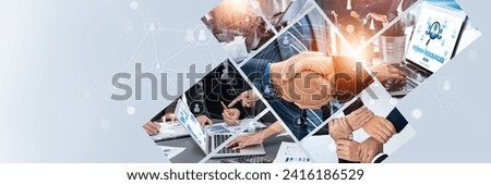 Teamwork and human resources HR management technology concept in corporate business with people group networking to support partnership, trust, teamwork and unity of coworkers in office kudos Royalty-Free Stock Photo #2416186529