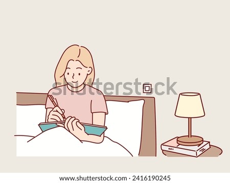  woman sitting on bed and writing a diary. Hand drawn style vector design illustrations. Royalty-Free Stock Photo #2416190245