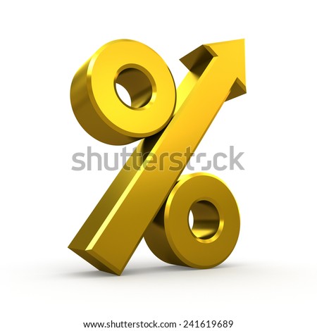 Gold percent symbol with arrow on white background 