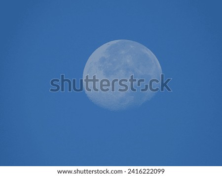 Luna casi llena en un cielo azul diurno. Esta es una imagen clara y nítida de la luna en un cielo azul brillante. La luna está casi llena y sus cráteres y mares son visibles. Royalty-Free Stock Photo #2416222099