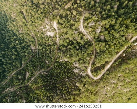 A Drone Shot of A Forest, aerial photography, serpentine, country road in the mountains. Beautiful landscape, Summer nature.
