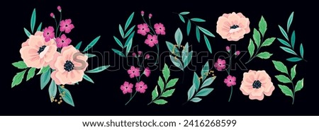 Botanical set of design elements in romantic watercolor style. Isolated hand drawn plants collection: large pink flowers, small flowers on branches, berries, various leaves. Vector illustration.