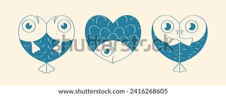 Set of graphic design elements. Cute cartoon fish are drawn in a heart shape. Pretty textured fish – hearts isolated on a white background. Humorous vector two colors illustration in retro motif.