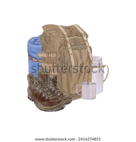 Watercolour hiking set hand drawn illustration. Hiking rucksack, thermos, mug, military boots. Suitable for your design, prints, backgrounds, cards, invitations, stickers, flyers, posters, etc.
