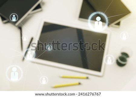 Social network media concept and modern digital tablet on desktop on background, top view. Double exposure