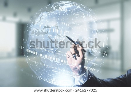 Man hand with pen working with abstract virtual coding concept and world map on blurred office background. Multiexposure