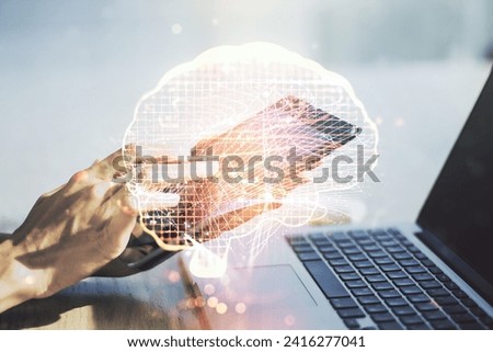 Creative artificial Intelligence concept with human brain sketch and finger presses on a digital tablet on background. Double exposure Royalty-Free Stock Photo #2416277041