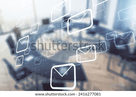Abstract virtual postal envelopes illustration on a modern conference room background. Email and communications concept. Multiexposure