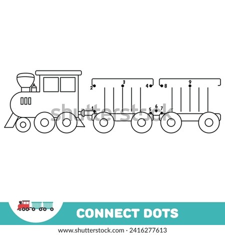 Dot to dot educational game for preschool kids. Connect numbers. Color train. Vector