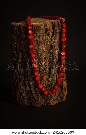 Red coral necklace on a wooden surface. Dark background with blank space for text.  Royalty-Free Stock Photo #2416283609