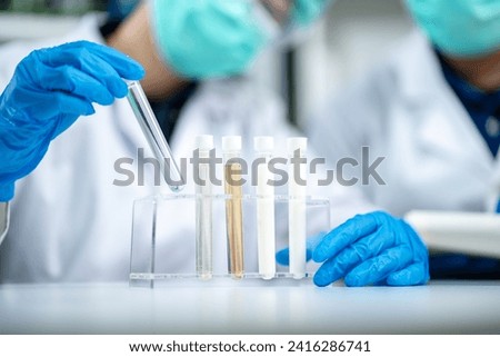 Close up of scientist or nutritionist dripping a sample of milk, fat or glucose in a test tube or beaker in laboratory, Expertise is working on lactose, protein experiment analysis or testing quality. Royalty-Free Stock Photo #2416286741