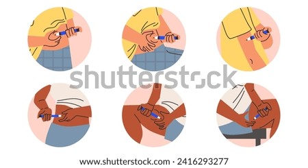 Diabetic patient using insulin pen or syringe for making an insulin injection to the stomach area, leg or arm. Self injection, treatment with medical drugs vector healthcare illustrations set Royalty-Free Stock Photo #2416293277