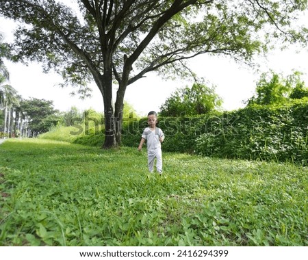 Southeast Asian little boy standing on the grass and under a big tree in the morning