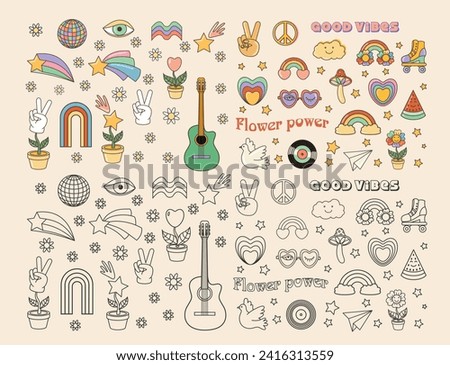 Funny cartoon peace, Love, rainbow, disco ball, sunglasses, mouth, guitar icon etc. Isolated vector illustration. Sticker pack in trendy retro cartoon style. Groovy 70s colored and black set.
