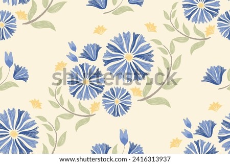 Vintage Floral pattern seamless embroidery on white background. Silhouette Blue flower motif border style abstract vector illustration vintage design for textiles. Royalty-Free Stock Photo #2416313937