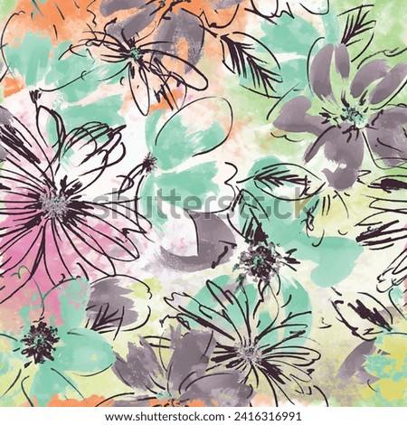 Seamless floral pattern with watercolor textured abstract flower and leaf background elements in green, pink and orange