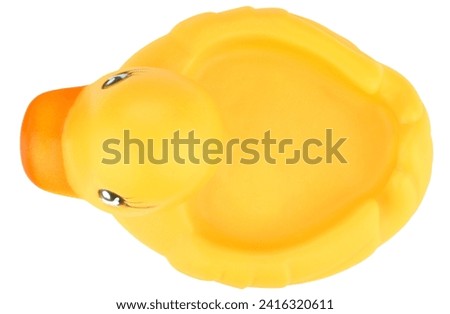 Yellow toy rubber duck isolated on a white background. Completely in focus. Top view.