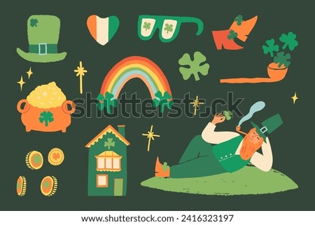 Saint Patrick's Day party vector set, St Patty collection. Leprechaun chilling, leprechaun's gold, pipe with shamrock, and shoes, rainbow, Ireland flag, Irish house, three and four-leaf clover. Royalty-Free Stock Photo #2416323197