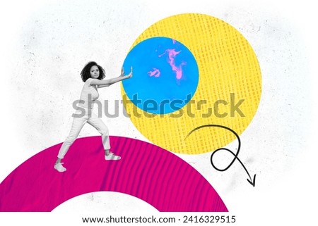 Collage creative illustration black white filter unhappy sadness serious young woman push move colorful figure sketch draw white background