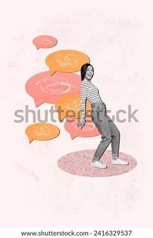 Vertical creative photo collage of black white gamma young smiling woman trying to hold several message bubbles on pastel pink background
