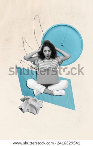 Magazine picture sketch collage image of nervous impressed lady having working deadline isolated beige color background