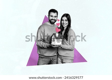 Horizontal creative photo collage of happy couple lovers hold miniature house finally buy real estate isolated on pale blue background