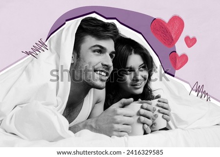 Horizontal photo collage of happy family couple under blanket hold cup of tea warm together winter autumn evening on creative background Royalty-Free Stock Photo #2416329585