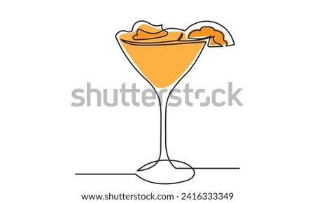 Continuous line drawing of a glass of orange juice with orange pieces. refreshing citrus drink.one line of delicious orange juice vector illustration.
