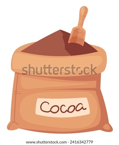 Bag of freshly ground cocoa, cocoa powder wooden spoon. Vector illustration