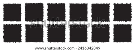 Torn paper frames with rough edges vector set. Black square shapes with ripped jagged borders on white background. Vintage grunge boxes for collage, text, banner, sticker design. Retro photo objects. Royalty-Free Stock Photo #2416342849