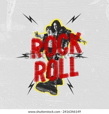 Poster. Contemporary art collage. Graffiti ROCK ROLL text with lightning bolts. Monochrome couple, punk rock people dressed black boots on textured background. Concept of Rock-n-roll day, concert. Royalty-Free Stock Photo #2416346149
