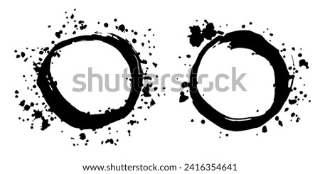 Grunge coffee round stain with streaks,splashes,spots,dots,streaks.Abstract circle imprint of cappuccino spot.Splatters of paint, textured oval, ellipse. Isolated.Vector illustration