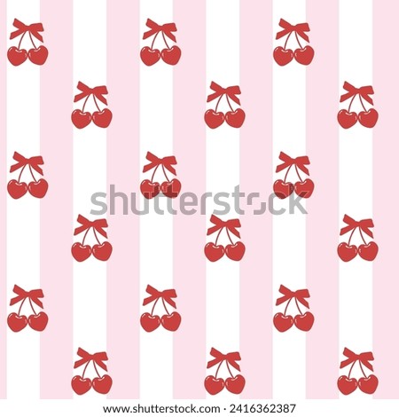 cute coquette pattern seamless red cherries with ribbon bow isolated on white background