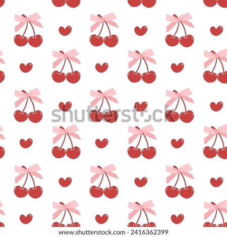 cute coquette aesthetic pattern seamless red cherries with pink ribbon bow isolated on white background