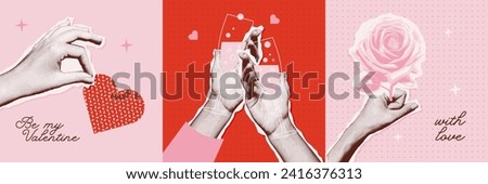 Set of cards with Hands in halftone for Valentine's day collage style. Woman hands holding halftone heart, rose, wine glasses. Paper cut out gifts for Valentine's Day. Retro vector illustration. Royalty-Free Stock Photo #2416376313