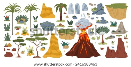 Jungle and jurassic dinosaur era environment game asset. Plants and trees, rock and volcano, stones and palms isolated prehistoric natural cartoon vector objects and graphic surrounding elements set Royalty-Free Stock Photo #2416383463